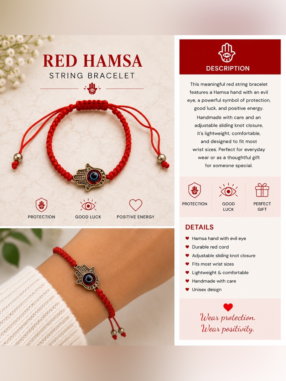 Red Hamsa String Bracelet with Evil Eye